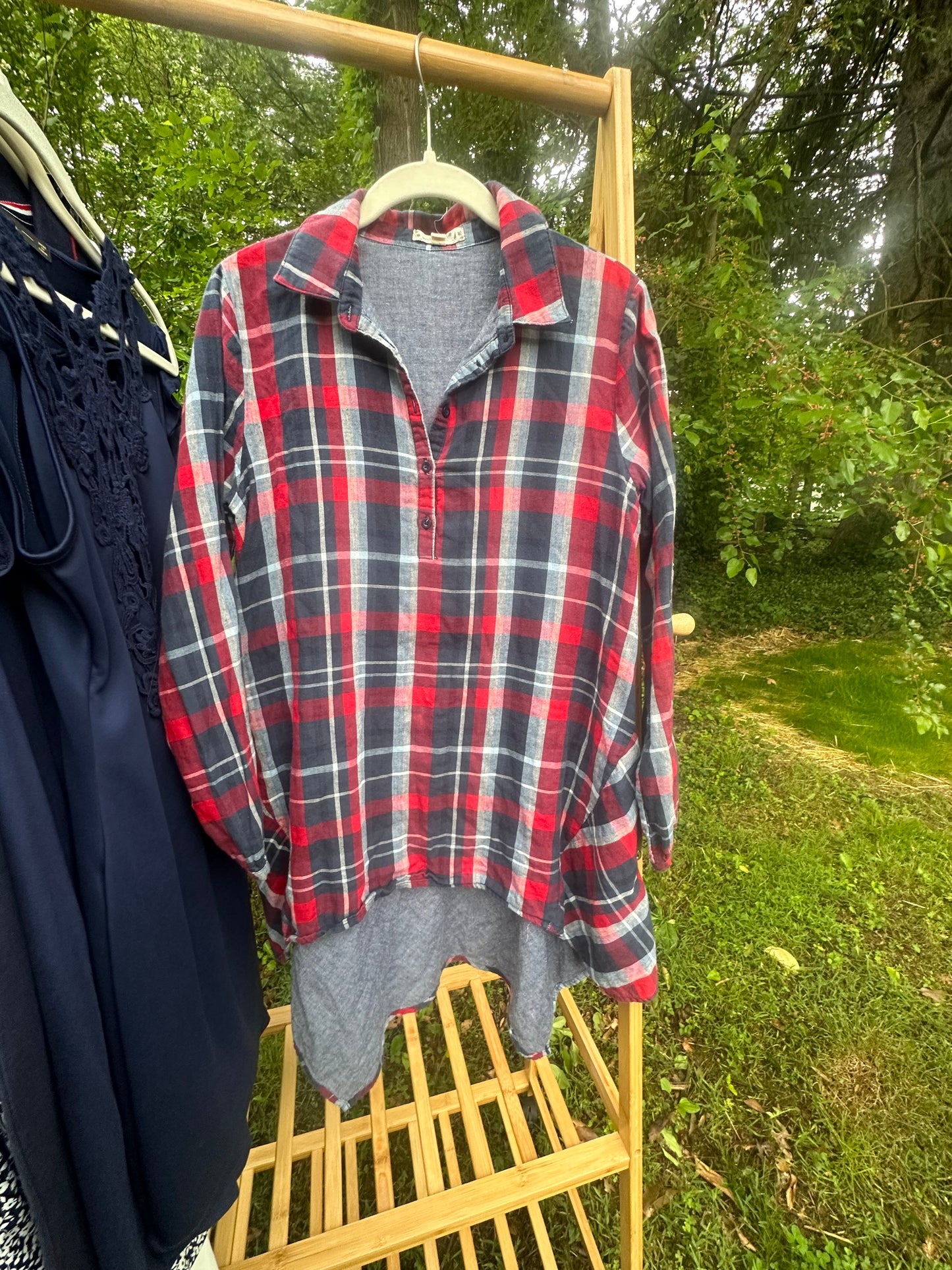 S Red White and Blue lined Plaid top