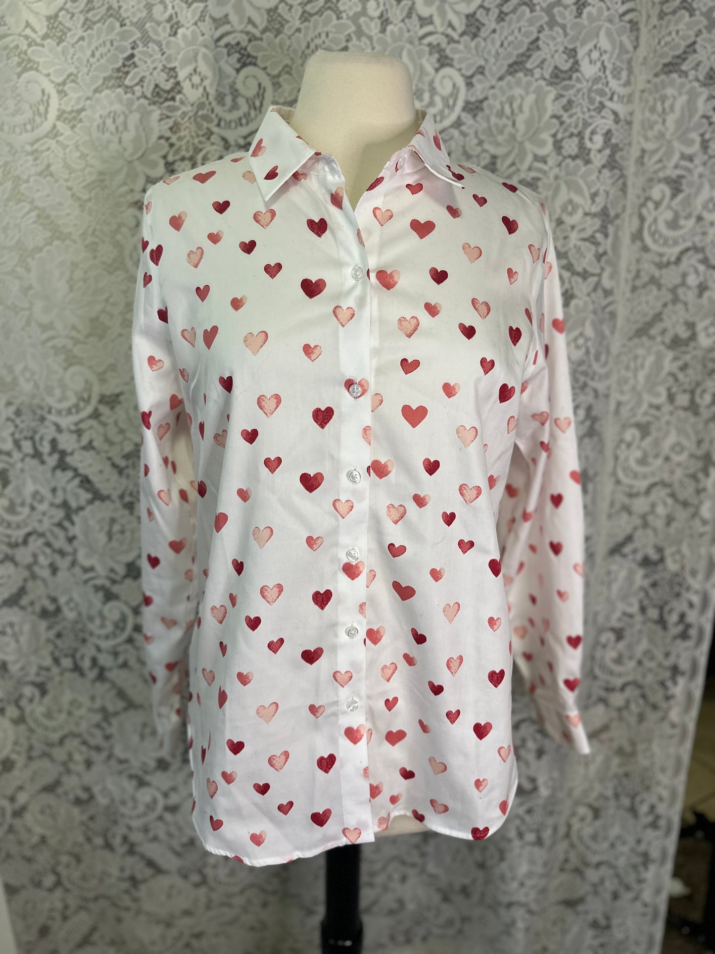 L NWT Pink and Red Heart button down