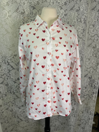 L NWT Pink and Red Heart button down