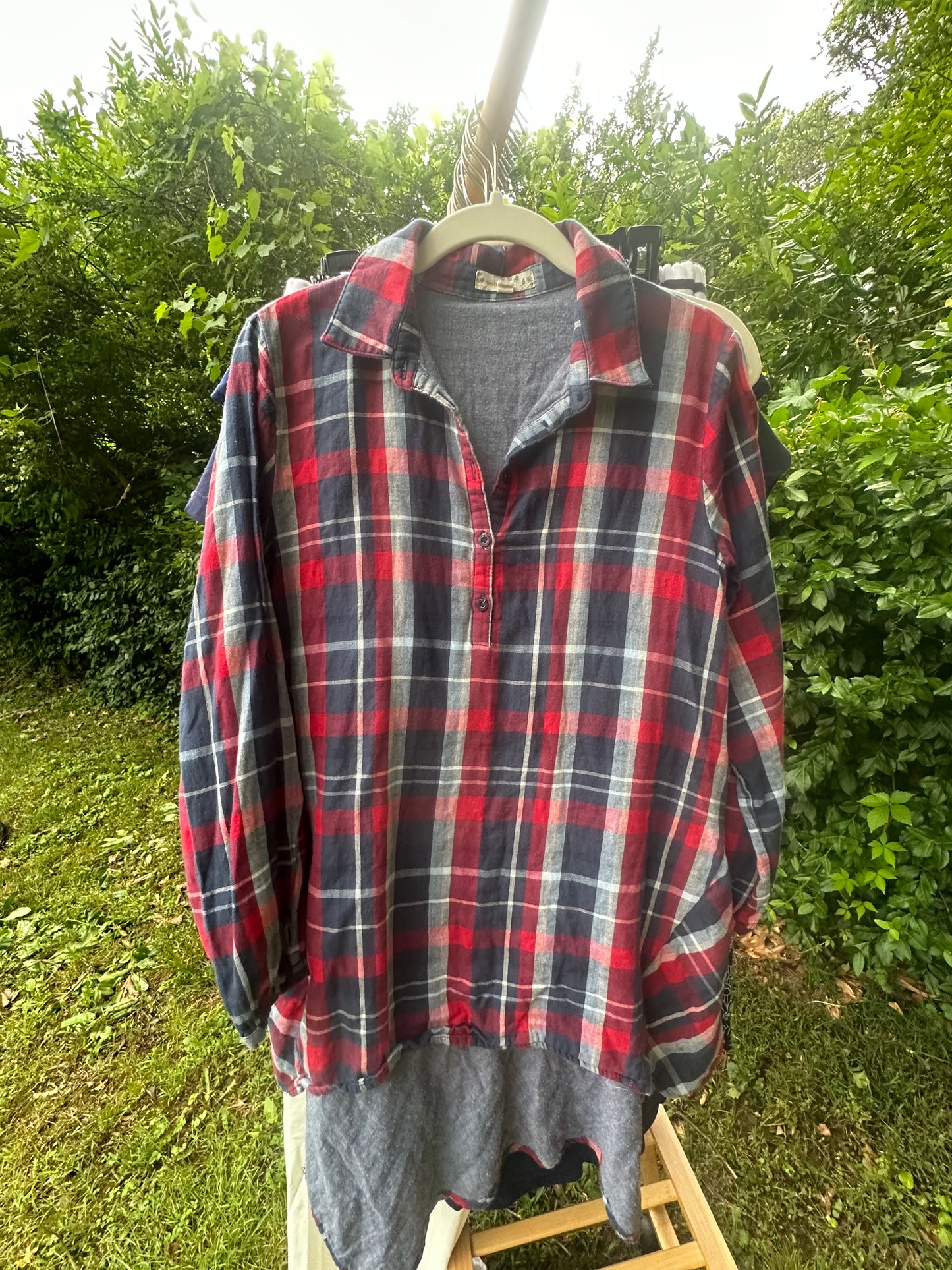 S Red White and Blue lined Plaid top