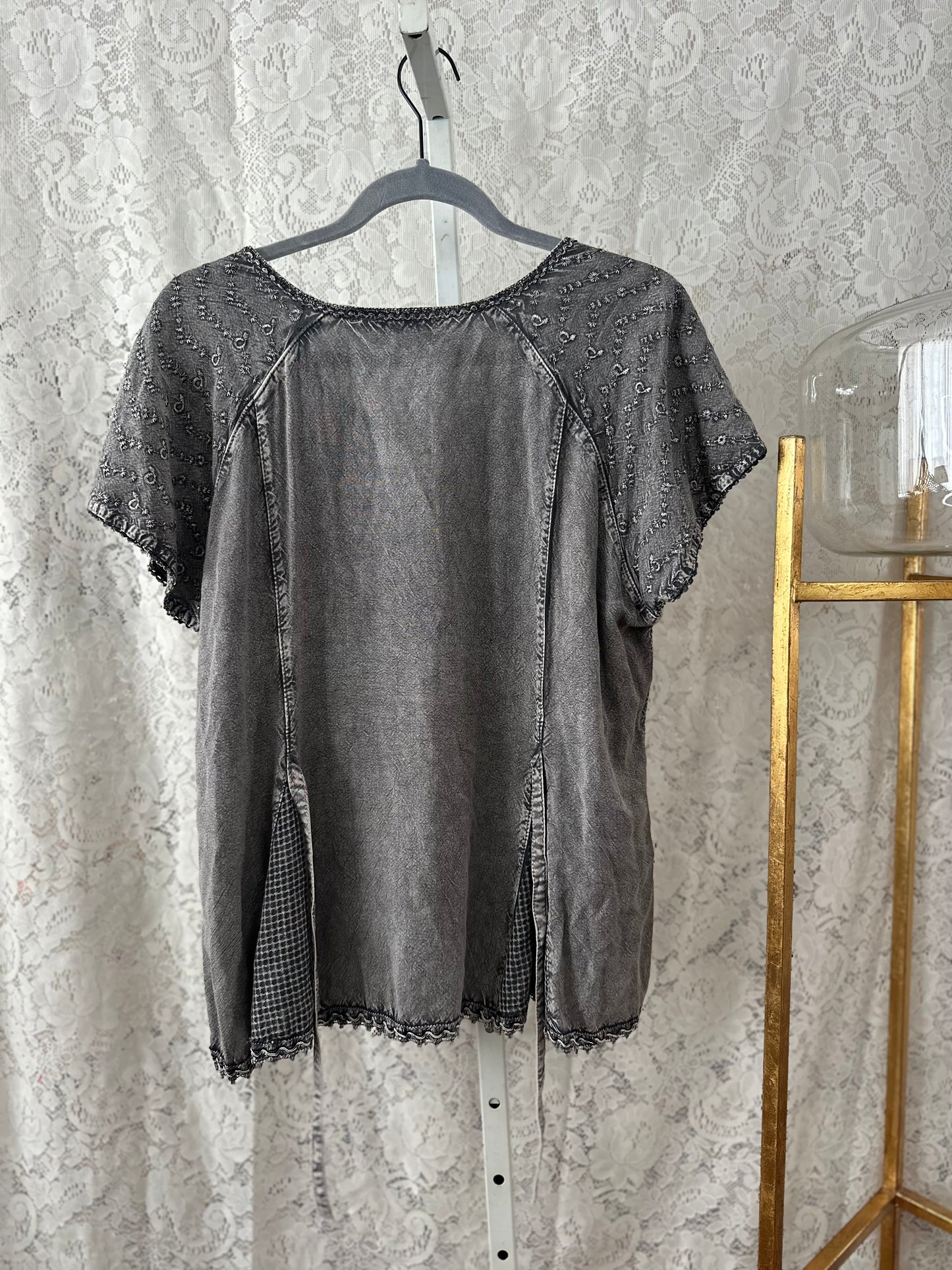 L NWT Gray Embroidered/Beaded Shirt